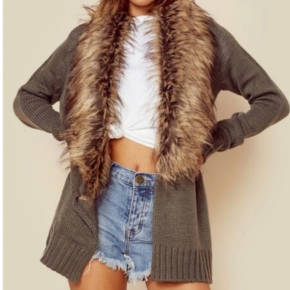 Show Me Your MuMu Sweaters - Show Me Your Mumu Kenn Faux Fur Boho Chic Cardigan in Soft Moss Knit